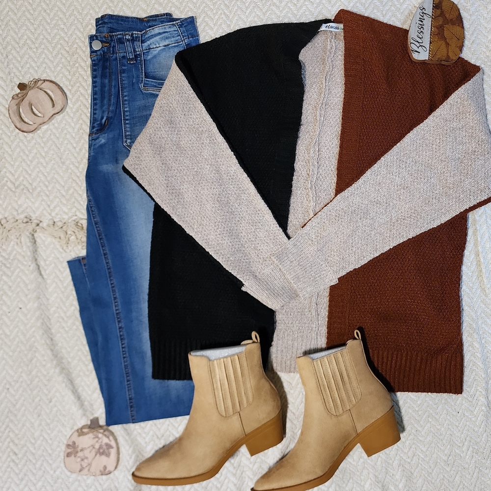 MACARON Black and Brown Colorblock Boho Western Cardigan Shacket Coat